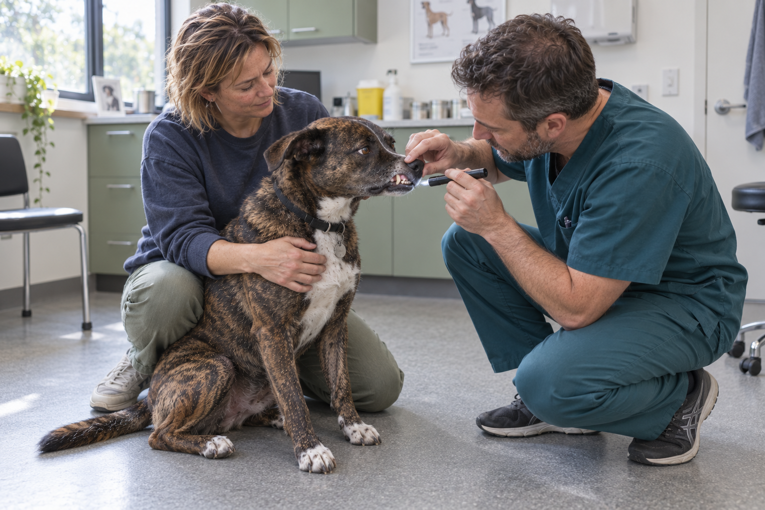 Veterinář vyšetřuje psovi zuby a dásně při zápachu z tlamy